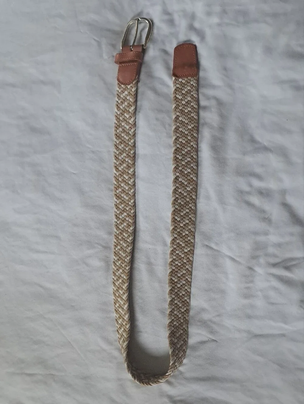 Stretchy Braided Adjustable Belt W/ Leather Trim And Solid Brass Buckle Size 34